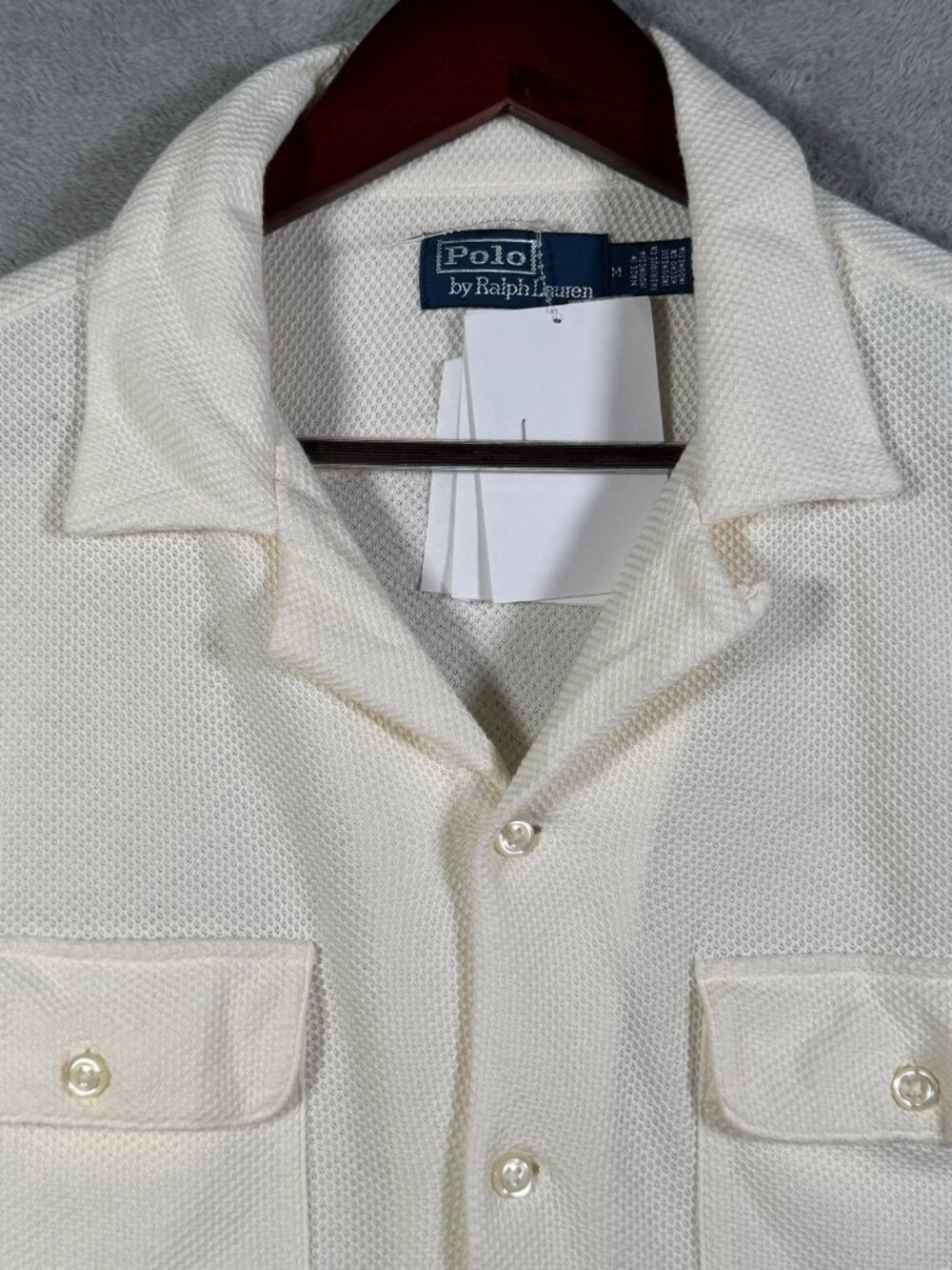 Polo Ralph Lauren Shirt Mens M Ivory Honeycomb Knit Long Sleeve Camp Collar